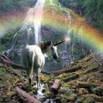 Unicorn Near Waterfall With Rainbow - Fine Art..